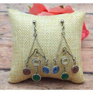 Silver Tone Statement Earrings Dangle Drop Bezel Set Colorful Crystals Geometric
